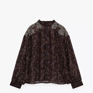 Zara Brown and Black Puff Sleeve Boxy Blouse